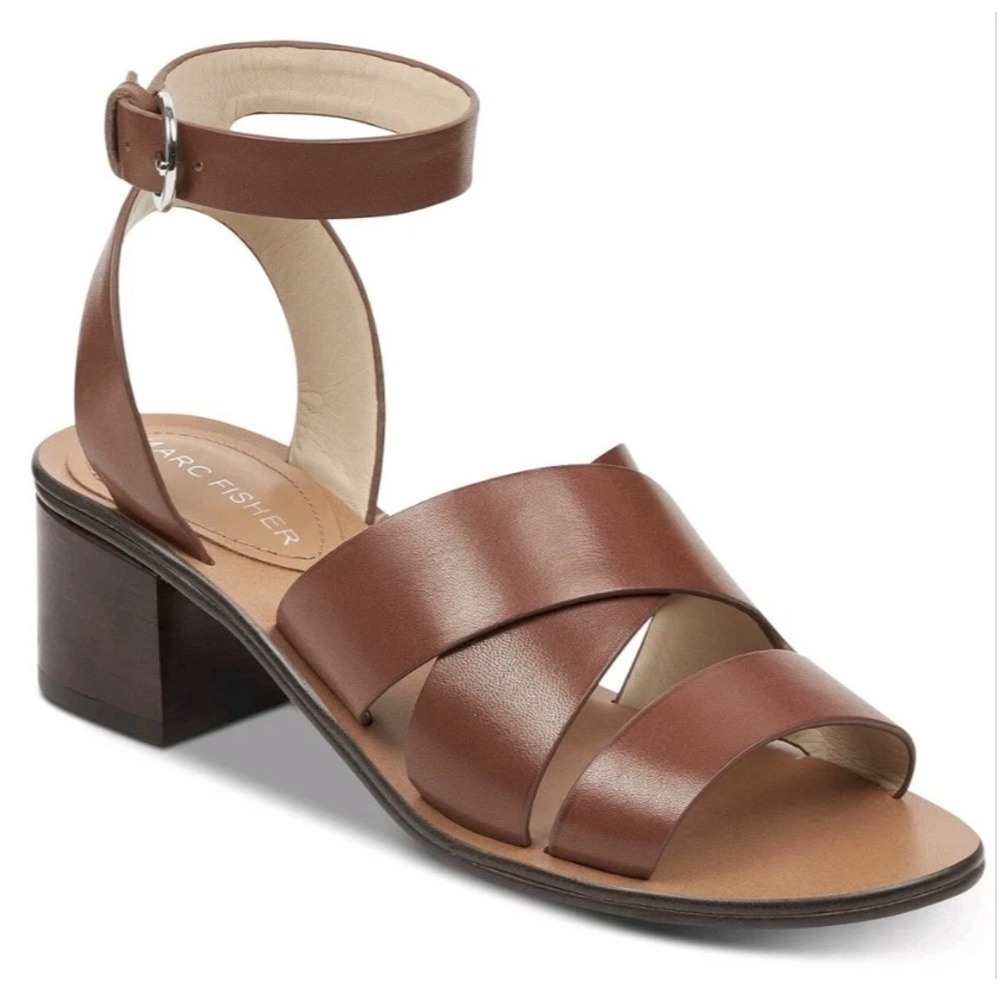 Marc Fisher LTD Brown Leather Strappy Block Heel Sandals Ankle Strap Womens 9M